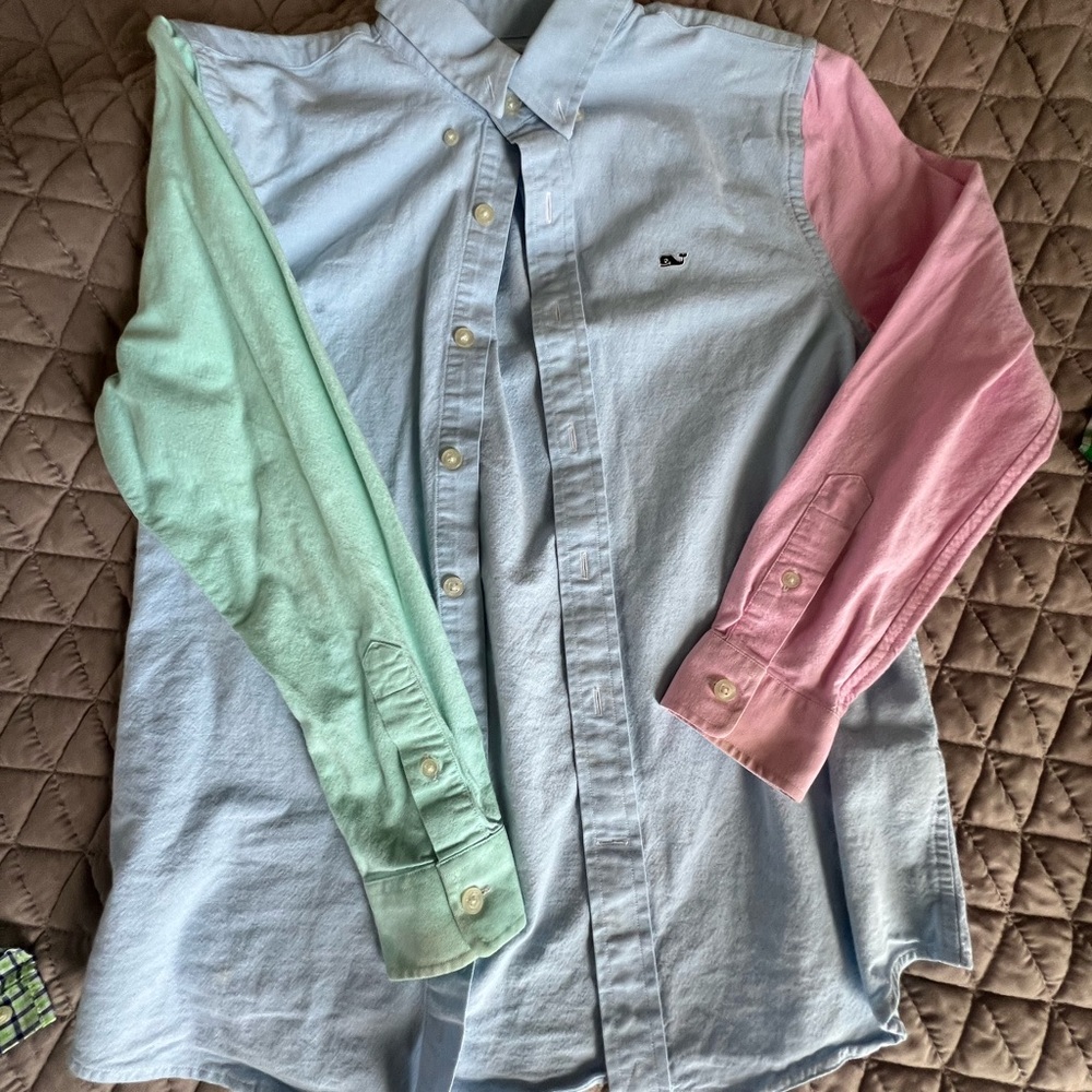 Vineyard Vines Kids Button Down Shirt - Blue with Pink and Green Sleeves